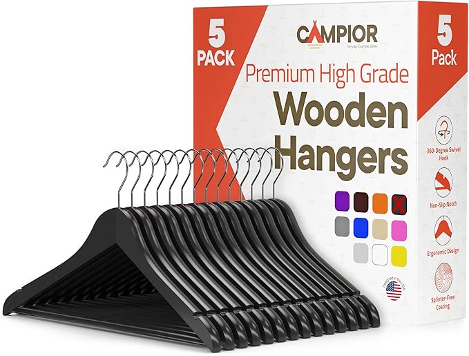 Black Wooden Hangers 5 Pack – Heavy-Duty with 360° Swivel Hook, Non-Slip, Pants Bar & Shoulder Grooves - Wooden Hangers for Suits, Jackets, Dresses & Camisoles, Space-Saving and Smooth Finish