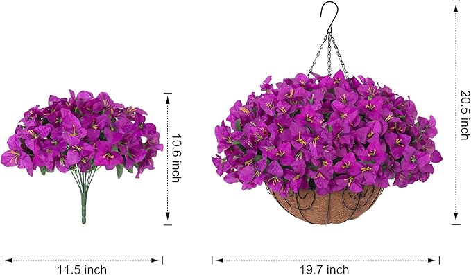 Artificial Fake Hanging Flowers Plants Basket for Outdoors Spring Summer Decor, Faux Silk Bougainvillea in Planter Look Real UV Resistant Faux Flower for Outside Porch Patio Garden Home Decor, Purple