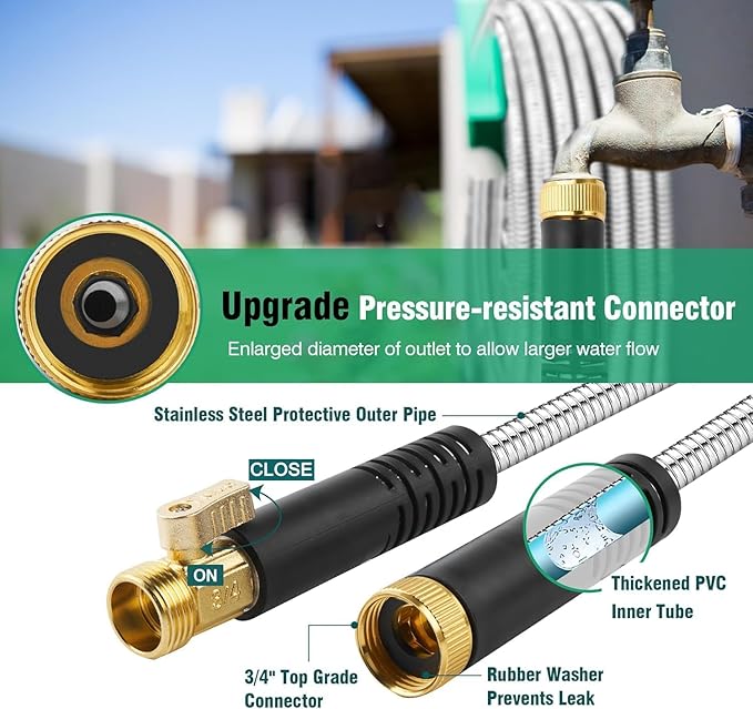 75Ft Metal Garden Hose durable stainless steel Water Hose, flexible, lightweight hose is resistant to kinks and tangles.With 10-way nozzle, strong 3/4” metal fittings, and a Stop Valve.