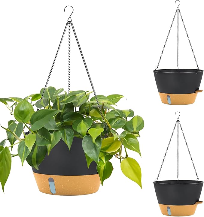 ZMTECH 12 Inch Hanging Planters for Outdoor Plants, 3 Pack Self Watering Hanging Planter with Visual Reservoir, Hanging Baskets for Plants Indoor with Drainage Hole and Plant Hanger(3 Pack, Gray)