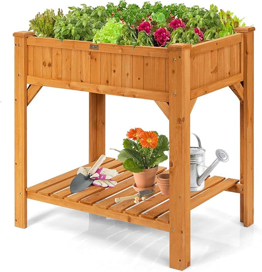 Giantex Raised Garden Bed, Elevated Planter Box Kit with 8 Grids & Liner for Herbs Vegetables Flowers, Outdoor Solid Fir Wood Planting Container with Legs & Storage Shelf for Backyard Patio (Natural)
