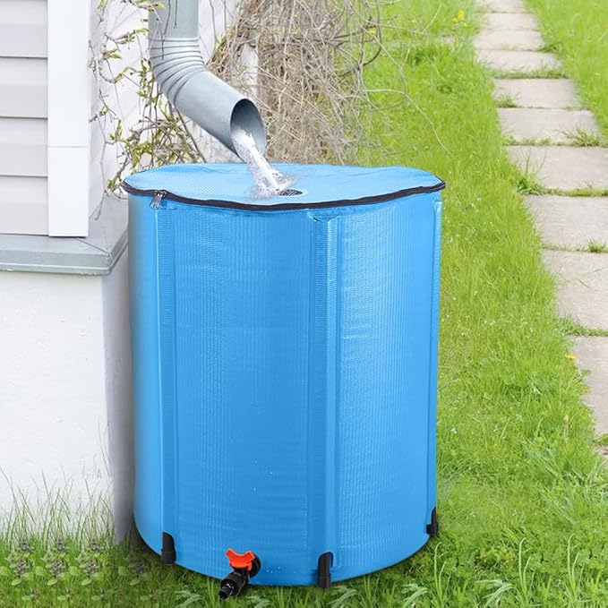 50 Gallon Collapsible Rain Barrel, Water Storage Tank, Portable Rainwater Collection System, Rain Catcher Barrel with Spigots and Overflow Kit, Rain Water Barrel Collector for Garden, Blue