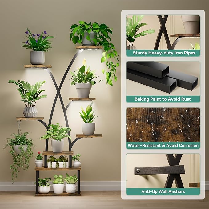 Plant Stand with Grow Lights - 8 Tiered Indoor Plants Stand, 50" Lighted Corner Plant Shelf Metal Tree-Shaped Flower Holder for Indoor Growing,Living Room Patio Corner, Decorative Rack for Living Room