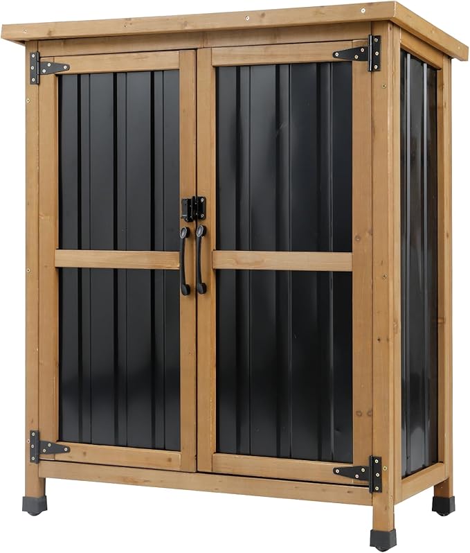 Small Outdoor Storage Cabinet Waterproof, Wood & Metal Storage Shed with Lockable Doors & Adjustable Shelves, Vertical Outdoor Cabinets for Patio Backyard,Garden Tool Shed and Accessories, Brown