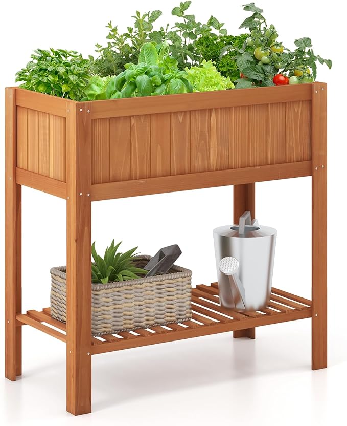 2-Tier Elevated Garden Planter Bed, Fir Raised Garden Bed Outdoor with Legs & Storage Shelf for Vegetables, Flowers & Herbs, Wooden Planter Box Raised Bed for Gardening, Balcony & Porch