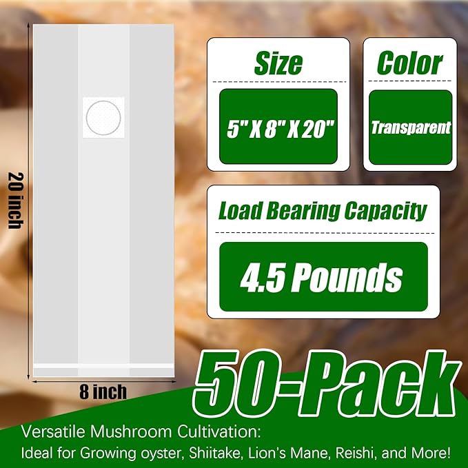 Mushroom Grow Bags, 20 Pack 6 Mil Polypropylene Mushroom Spawn Bag 8"x5"x20" 0.2 Micron Filter Patch, with Injection Port, Autoclavable Bags