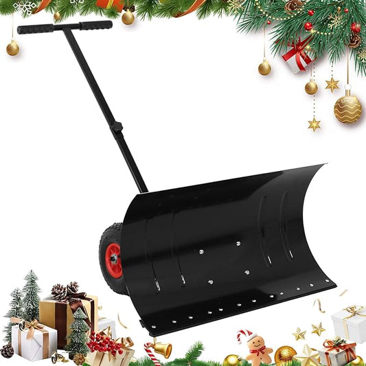 EAGLE PEAK Wheeled Snow Shovel for Driveway, Personal Snow Pusher with Wheels, Adjustable Plow Angle, Ergonomic Handle, Heavy Duty 29”x16.5” Blade, Single Rod Plow Shovel, Black