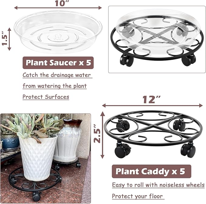 12" Metal Plant Caddy with Wheels 5 Packs Rolling Plant Stands Indoor Wheeled Plant Dolly Heavy-duty Pot Mover Roller Base Outdoor Plant Trolley Cart with Brake Casters Water-proof Dust-proof, Black