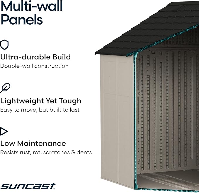 Suncast 8x10 Ft. Outdoor Storage Shed - Large Resin Outdoor Shed with Floor Included, Lockable Double Doors & Skylights. 547 Cu Ft Tremont Garden Plastic Sheds for Lawn Tools, Riding Mowers, & Bikes