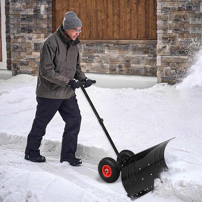 EAGLE PEAK Wheeled Snow Shovel for Driveway, Personal Snow Pusher with Wheels, Adjustable Plow Angle, Ergonomic Handle, Heavy Duty 29”x16.5” Blade, Single Rod Plow Shovel, Black