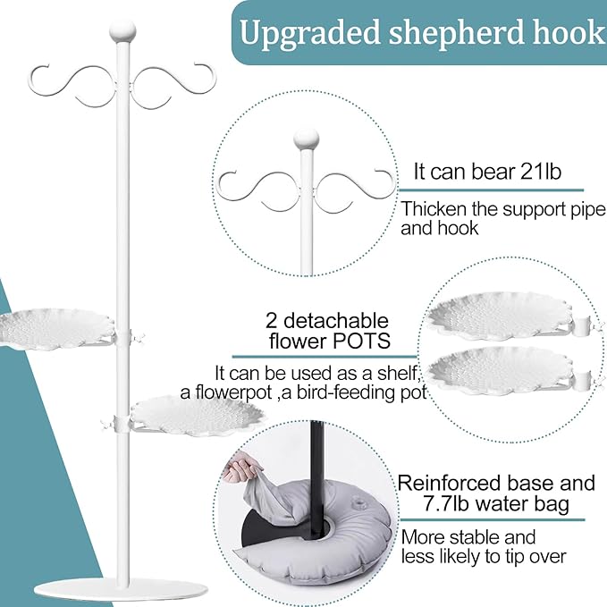 Upgraded 74" Shepherd's Hook for Bird Feeder，Floor Hanging Plant，White Wind Chime Stand, Waterproof Metal & Adjustable-Height Standing Pole Holder for Wreath, Indoor & Outdoor（2 Placement Racks)