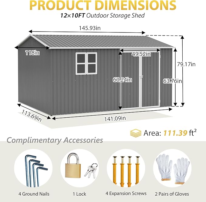 12x10 FT Outdoor Storage Shed,Metal Shed W/Window & Floor Frame,Garden Tool House W/Sloped Roof,Lockable Doors & Air Vents,for Backyard Patio Lawn,Gray