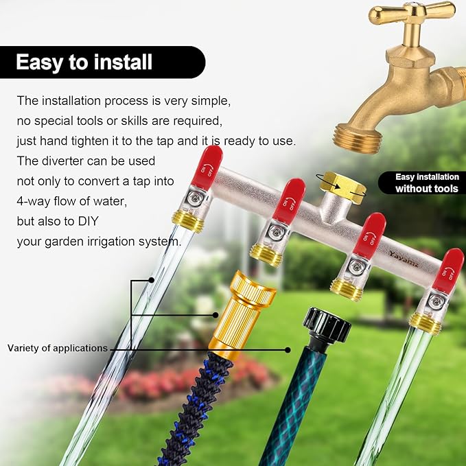 4 Way Garden Hose Splitter, Heavy Duty Brass Nickel Plated Rust Resistant Faucet Manifold, 3/4" Frost Resistant Outdoor Hose Adapter Connector，Hose Spigot Adapter with 4 large red handles