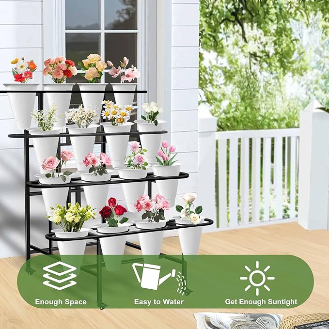 Floral Display Stand with 16 White Flower Baskets, 4-Layers Cart Display Stand with Wheels ,Sturdy Mobile Flower Bouquet Rack for Courtyard, Garden, Flower Shop, with Lockable Rotating Wheels .