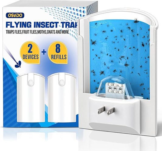 2 Pack Flying Insect Trap, Fruit Fly Trap with 8 Refills for Indoor, Bug Zapper Indoor Catching for Gnats, Fruit Flies & House Flies | Blue & UV Light Attraction | Mess-Free Disposal