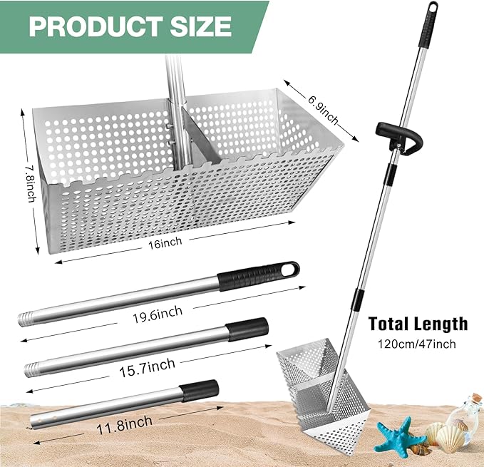 Sand Flea Rake - Heavy Duty Stainless Steel Sand Scoop Detachable 47" Long Handle Sand Sifter for The Beach with 16" Width Basket Metal Detecting Tool for Collecting Shark Teeth (Silver)