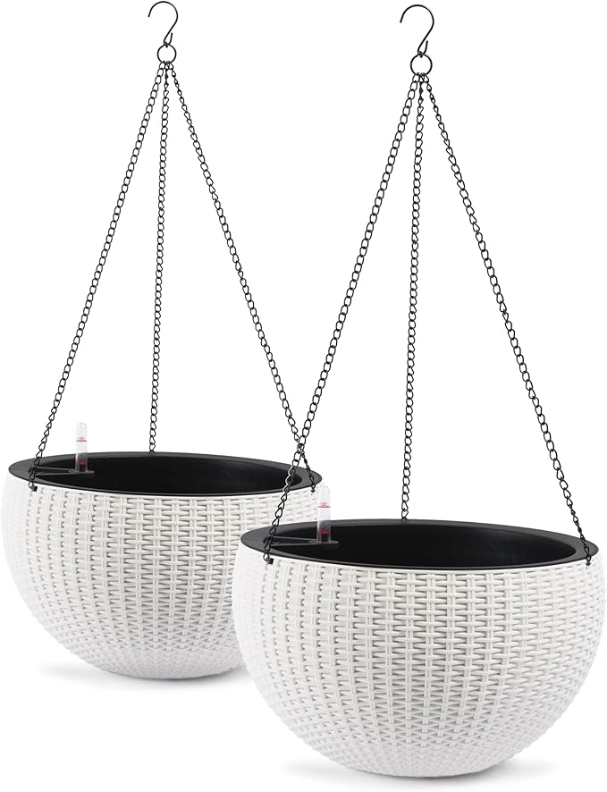 13.5 inch 2Pack Large Hanging Planters for Outdoor/Indoor Plants, Self Watering Hanging Pot with Water Level Indicato, Drainage Holes and Chain for Garden Porch, White