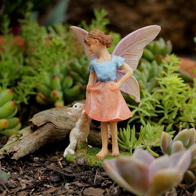 PRETMANNS Fairy Garden Fairies – Cute Accessories for Indoor Outdoor Miniature Garden - Figurine Ava with Cat - Hand-Painted Resin Piece