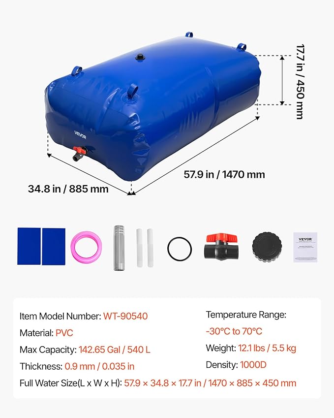 VEVOR Water Storage Bladder, 540L/142.7Gallon Water Storage Container Tank, 1000D PVC Large Capacity Soft Bag Bladder, Foldable Portable for Garden Irrigation, Camping, RV, Fire Prevention - Blue