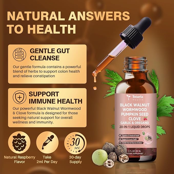 Totaria 2 Pack 20 in 1 Black Walnut Wormwood Tincture - Clove,Pumpkin Seed,Garlic,Oregano,Berberine - Gentle Gut Cleanse & Digestive Health - Alcohol-Free,Gut-Friendly -Raspberry Flavor - 4FL