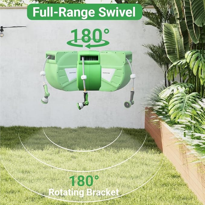 Retractable Garden Hose Reel, 5/8 in x 100 ft, Wall Mount Hose Reel, with 180° Swivel Bracket, Automatic Slow Return System, Any Length Lock for Outside