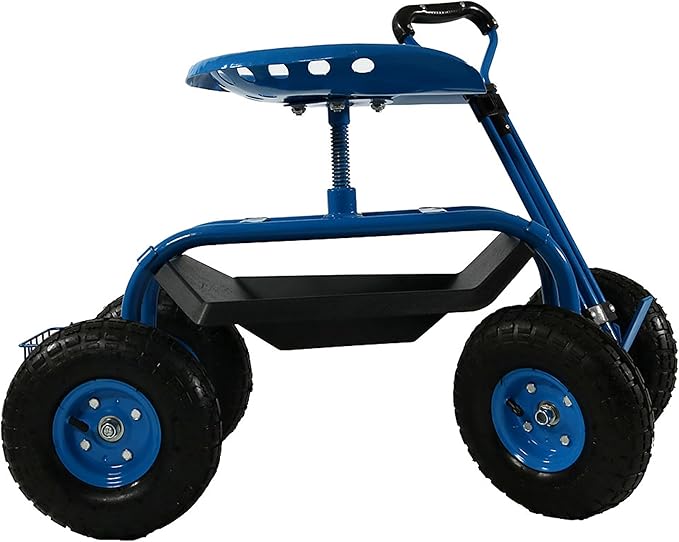Sunnydaze Garden Seat with Wheels - Rolling Gardening Seat - Garden Stool on Wheels with Adjustable Handle and Utility Tray - Blue