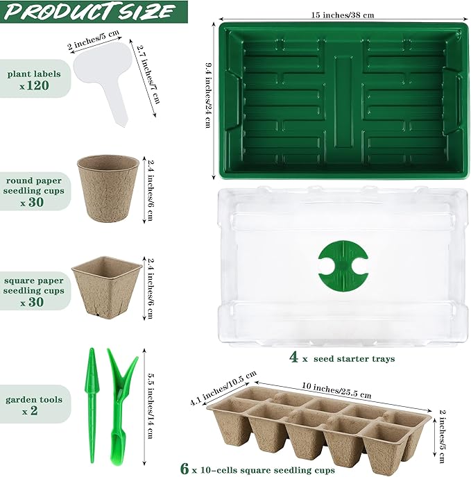 4 Pack Seed Starter Tray Set Plants Growing Trays Peat Pots for Seedlings with Seed Starter Pots, Plastic Germination Tray, Plant Labels, Tool for Flower Vegetable Planting, Green