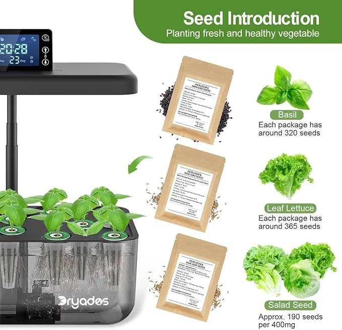 Hydroponic Growing System Kit With Operation Screen + 3 Free Seeds (Lettuce, Salad Mixed, Basil), 12 Pods Indoor Smart Gardening Herb Planter, 24W Full Spectrum LED Grow Light Growing System (Black)
