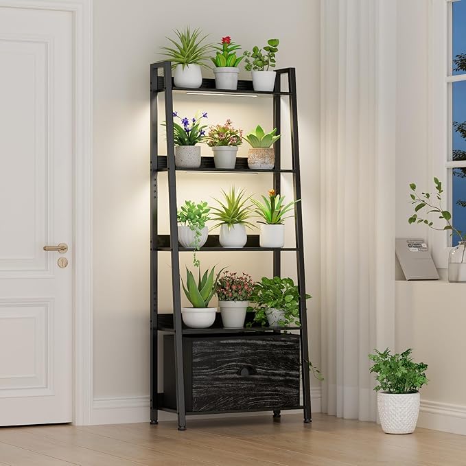 Large Plant Stand Indoor with Grow Lights & Storage Drawer, 63" Extra Wide Wood & Heavy Duty Metal 5 Tiered Plant Shelf, Sturdy Safety for Multiple Plants in Living Room Bedroom Patio Balcony