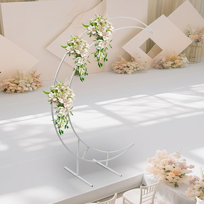 Wedding Arch, 7ft Metal Crescent Moon Wedding Arch Stand, Curved Flower Balloon Frame Garden Arbors and Arches for Wedding, Valentine's Day, Christmas, New Year Decoration (White)
