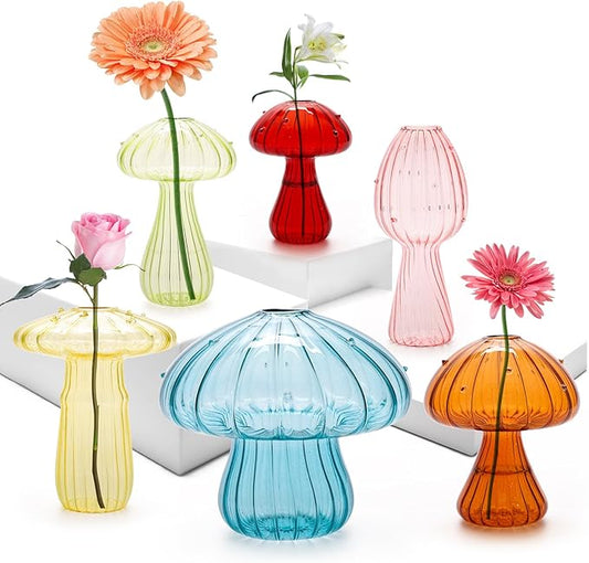 Mushroom Vase, Set of 6 Colored Glass Mushroom Propagation Vases for Plants, Mini Cute Flower Terrarium for Women Home Office Indoor Decor