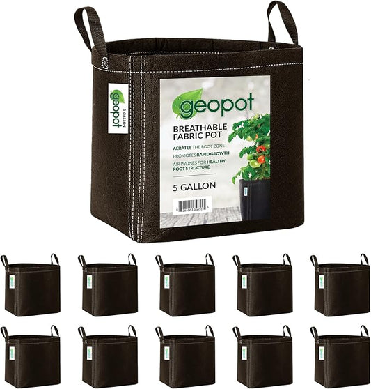 GeoPot 5 Gallon Fabric Grow Bags with Handles - 10-Pack - Breathable, Aerated, Portable - Black - Ideal for Vegetables, Herbs, Flowers & Houseplants - Indoors & Outdoors