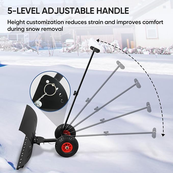 EAGLE PEAK Wheeled Snow Shovel for Driveway, Personal Snow Pusher with Wheels, Adjustable Plow Angle, Ergonomic Handle, Heavy Duty 29.1”x16.5” Blade, Single Rod Plow Shovel, Black
