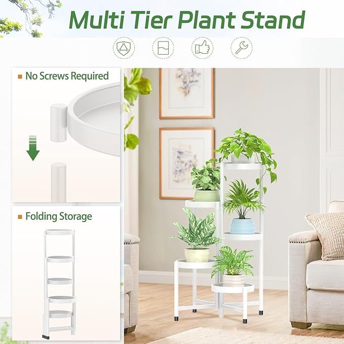 iDavosic.ly Plant Stand Indoor Outdoor, 5 Tier Corner Metal Flower Display Holder Shelf, Easy Assembly Folding Tall Orchid Rack for Patio Balcony Porch Garden Living Room House, White