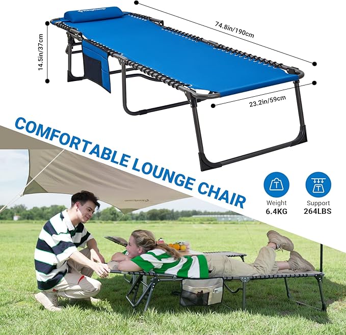 KingCamp 2 Pack Lounge Chair Outdoor, Folding Tanning Chairs Comfy Adjustable 5-Position Lay Flat Foldable Chaise Chaser Lounger with Pillow for Outside Beach Patio Sun Bathing Pool, Blue