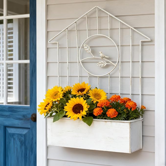 Vintage White Metal Wall Planter, Rustic Farmhouse Hanging Planter for Indoor Outdoor Use, Decorative Wall-Mounted Flower Pot for Succulents, Herbs, Home & Garden Decor