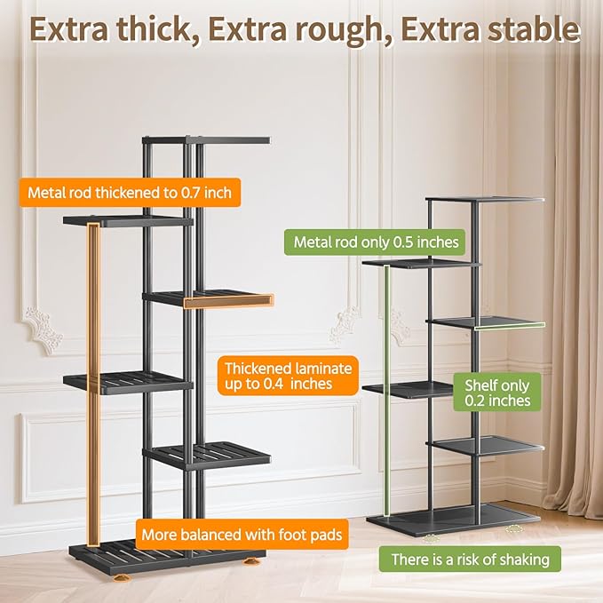 LASZOLA 5 Tier Plant Stand Indoors Outdoors with Light for Large Heavy Duty Planter, Black Metal Tall Flower Holder Rack for Modern House Corner, Vertical Iron Organizer with Multiple Rustic Shelf