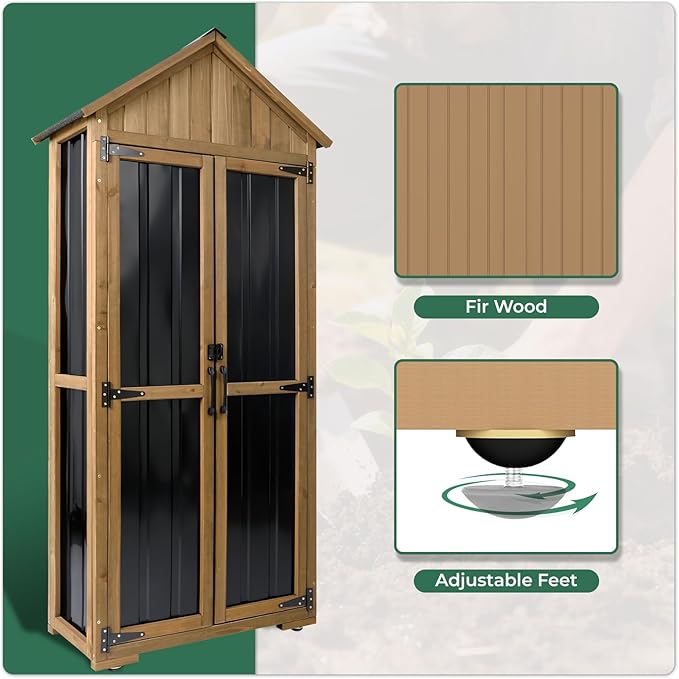Outdoor Storage Cabinet with Shelf, Wood & Metal Storage Shed with Lockable Doors & Sloping Roof, Outdoor Cabinets for Patio Backyard, Garden Shed Tool Shed and Accessories, Brown