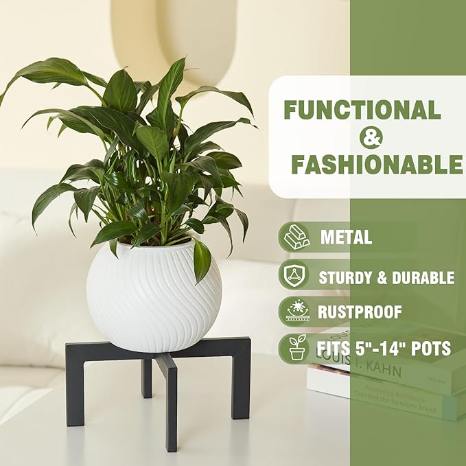 Heavy-Duty Metal Plant Stands Indoor Outdoor, 2/3 Pack Modern Plant Holder & Rattan Stool - Low Short Black Plant Stands Fit 5-12 Inch Pots (Plant Not Included) (2Pcs)
