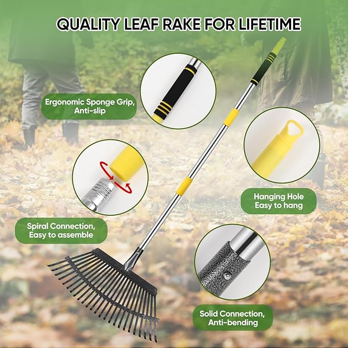 Rake Heavy Duty 6FT Long Garden Rakes , 18.5 Inch Wide Leaf Rake for Lawns, 25 Metal Tines, Adjustable Stainless Steel Handle for Leaves, Yards, Grass, Garbage, Weeds, Debris (Yellow)