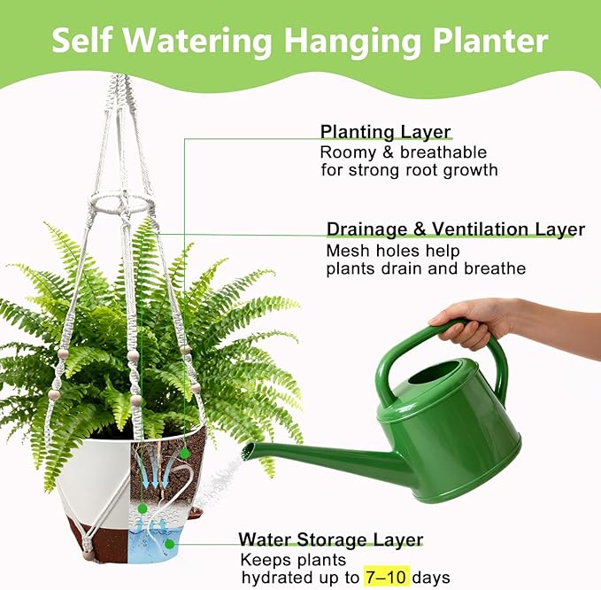 Hanging Planters for Indoor Plants: 2 Pack Macrame Plant Hangers with Grow Lights and Self-Watering Pots, 10 Inch Large Hanging Pots with Drainage Holes & Removable Tray