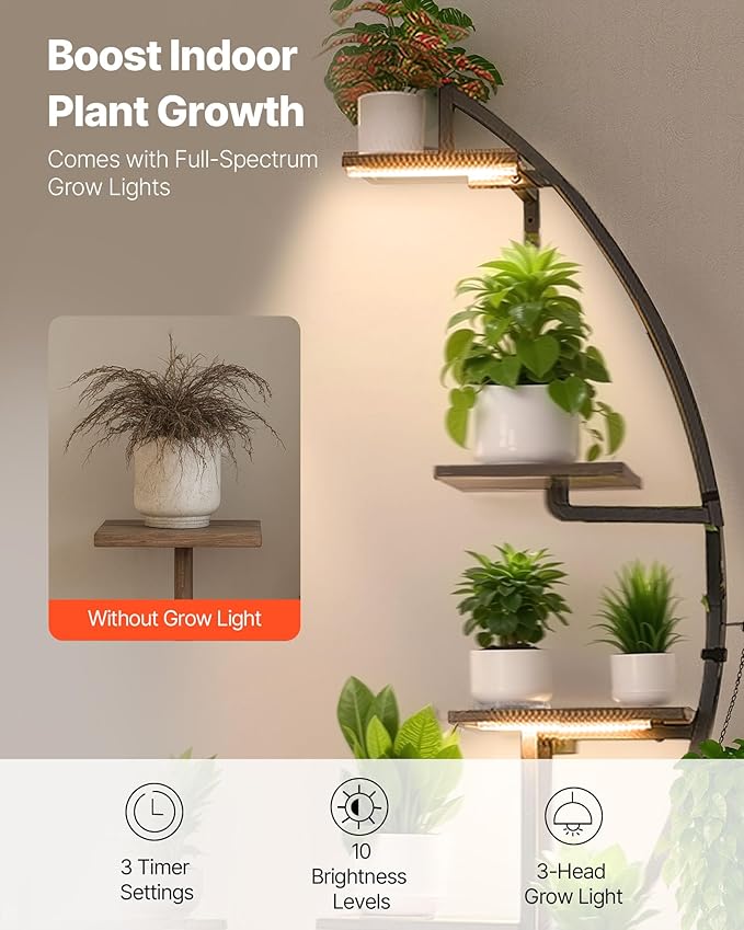 VEVOR Plant Stand Indoor with Grow Lights, 65.5 in Tall 7-Tiered Lighted Plant Shelf, 2 Pack Metal Corner Plants Holder, 3 Timer & 10 Brightness, Half-Moon Shaped Flower Display Rack for Living Room