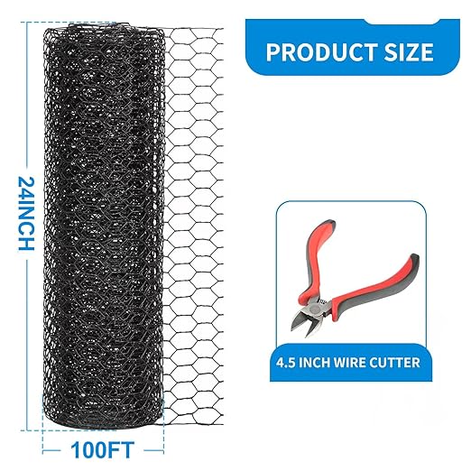 1/2 Inch Black Wire Mesh Roll - 24'' x 100' Chicken Wire Fence, 21 Gauge Hardware Cloth Poultry Netting for Garden/Animal Barrier/Rabbit/Floral/Chicken Coop/DIY Projects