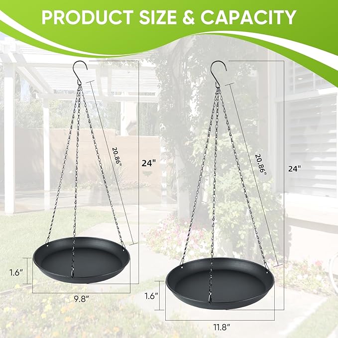 Plant Hanger Indoor Outdoor, 2-Pack Black Metal Hanging Plant Shelf & Window Planter Basket with 9.8/11.8 Inch Trays - Heavy Duty Plant