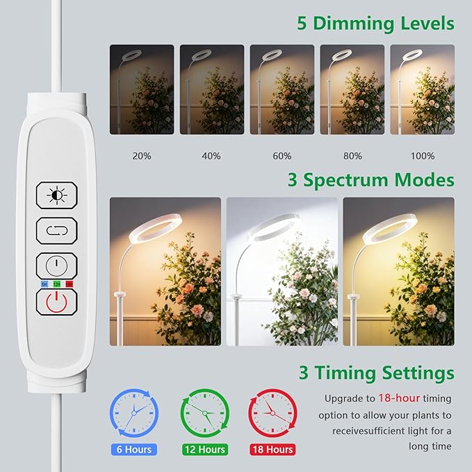Full Spectrum Grow Light with Stand for Indoor Plants, Floor Plant Light, 6/12/18H Timer, 3 Color Modes, Adjustable Height 16.5–67in, for Large Plants & Home Décor(2 Heads White)
