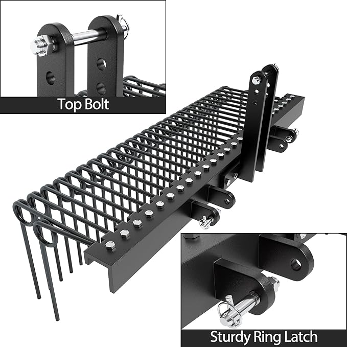 60" Durable Powder Coated Steel Pine Straw Rake, Steel Spring Landscape Rake for Leaves, Pine Needles, Straw, and Grass Attaches to Cat 0 Cat 1,3 Point Hitch Tractor, Black