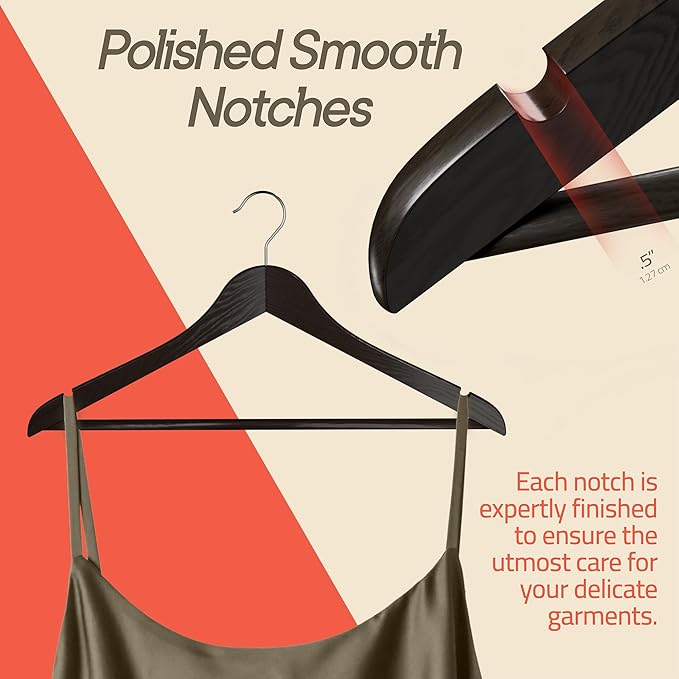Brown Wooden Hangers 5 Pack – Heavy-Duty with 360° Swivel Hook, Non-Slip, Pants Bar & Shoulder Grooves - Wooden Hangers for Suits, Jackets, Dresses & Camisoles, Space-Saving and Smooth Finish