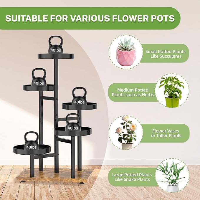 iDavosic.ly 5 Tier Plant Stand Indoor, Tiered Corner Metal Wood Multiple Flower Holder Shelf, Tall Orchid Display Rack for Patio Porch Living Room Balcony Outdoor, Brown