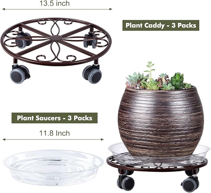 3 Pack Plant Caddy with Wheels Heavy Duty 13.5 Inches Metal Plant Stand with Wheels Plant Dolly Rolling Plant Stand Plant Roller with Casters for Indoor and Outdoor, Bronze