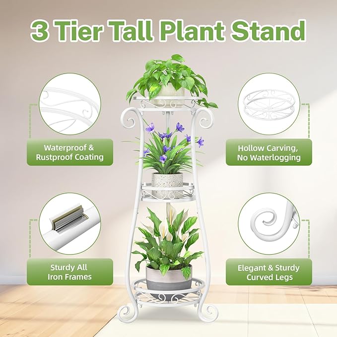 iDavosic.ly 3 Tier Metal Plant Stand Indoor Outdoor, Wrought Iron Corner Tall Flower Pot Holder Shelf, 34 Inch Vertical Heavy Duty Display Rack for Patio Porch Living Room Garden, White